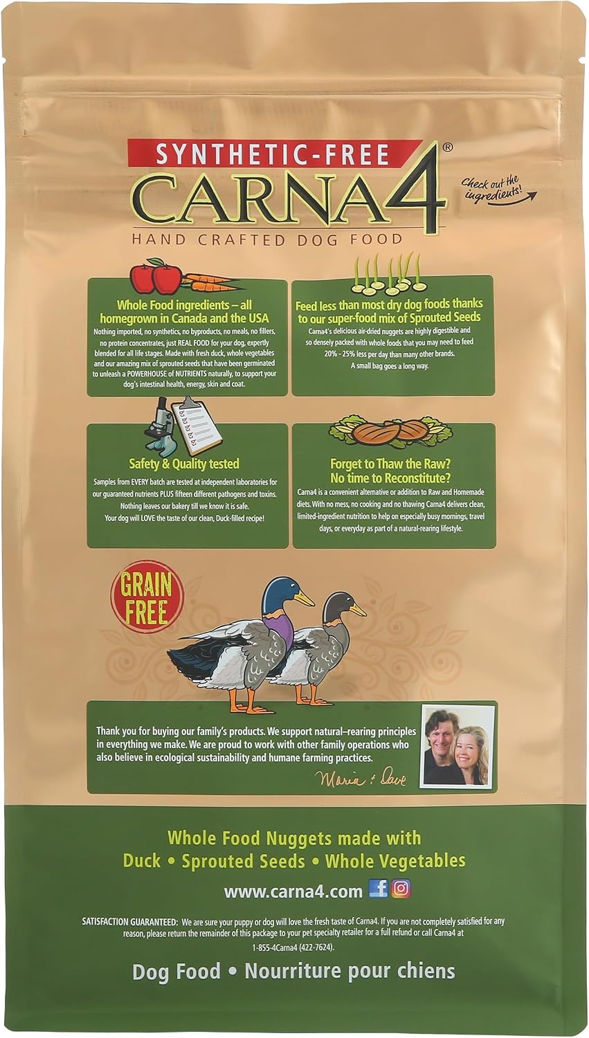 CARNA4 Air Dried Dog Food, Duck Recipe, Grain-Free, 3 Pound | Fresh Canadian Duck & Sprouted Seeds, Quick-Baked & Never Extruded, No Synthetic Vitamins or Minerals