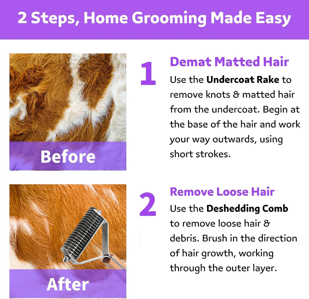 2 in 1 Undercoat Rake for Dogs and Cats, Professional Grooming Brush Dematting & Shedding Comb to Remove Loose Hair, Matted Fur Efficiently, Perfect for Poodle, Doodle & All Long Haired Pets