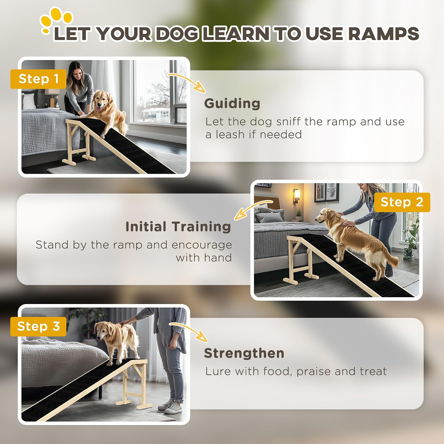 PawHut Dog Ramp for Bed, Pet Ramp for Dogs with Non-Slip Carpet and Top Platform, 74" x 16" x 25", Natural | Pet Ramp for Bed, Top Platform