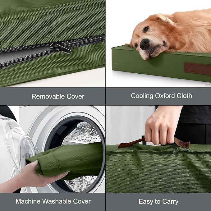 Outdoor Large Washable Dog Bed, Orthopedic Egg Crate Foam Dog Crate Mat for Large Dogs with Removable Oxford Cooling Cover, Amy Green
