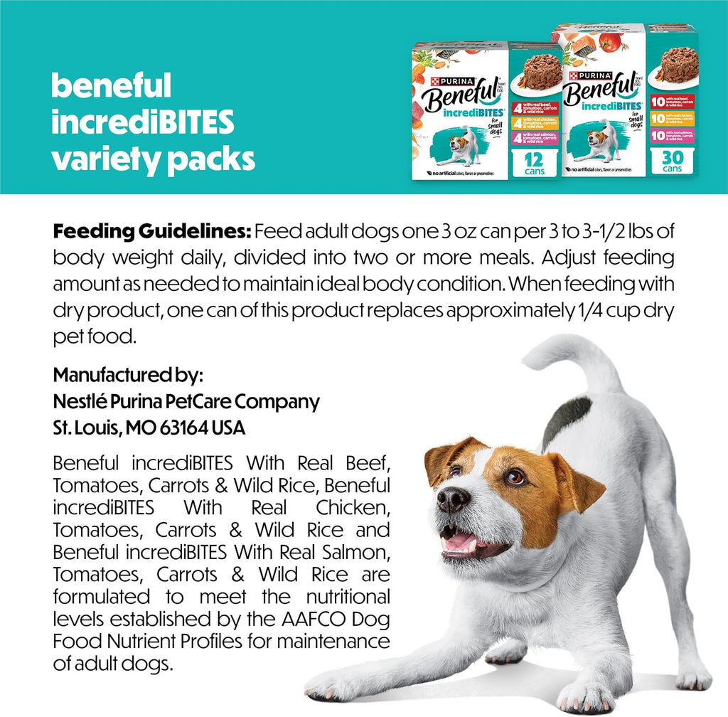 Purina Beneful Small Breed Wet Dog Food Variety Pack, (30) 3 oz Cans | IncrediBites real beef, chicken and salmon recipes with real vegetables and grains for flavors they'll love