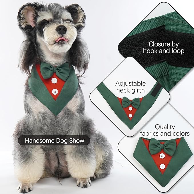 FUAMEY Dog Tuxedo Christmas for Large Dogs,Dog Formal Suit Dogs Attire Pet Bow Tie Puppy Party Costumes Cat Tux Outfits Pets Bandana Cosplay Adjustable Bowties Christmas Green Red L