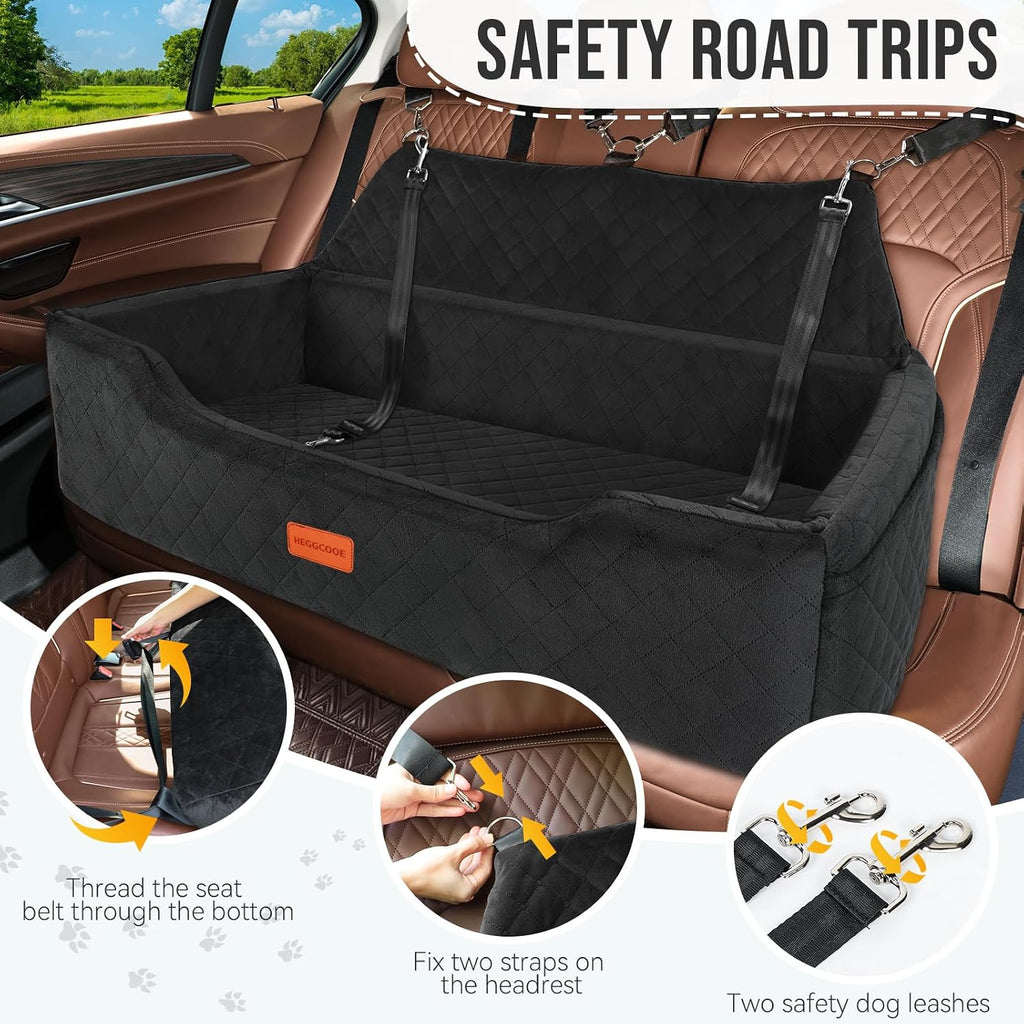 HEGGCOOE Large Dog Car Seat Under 100 lbs, Washable Dog Car Bed for 2 Medium Dogs, Detachable Pet Booster Seat with Storage Pocket and Seat Belt for Back Seat Dog Travel Bed