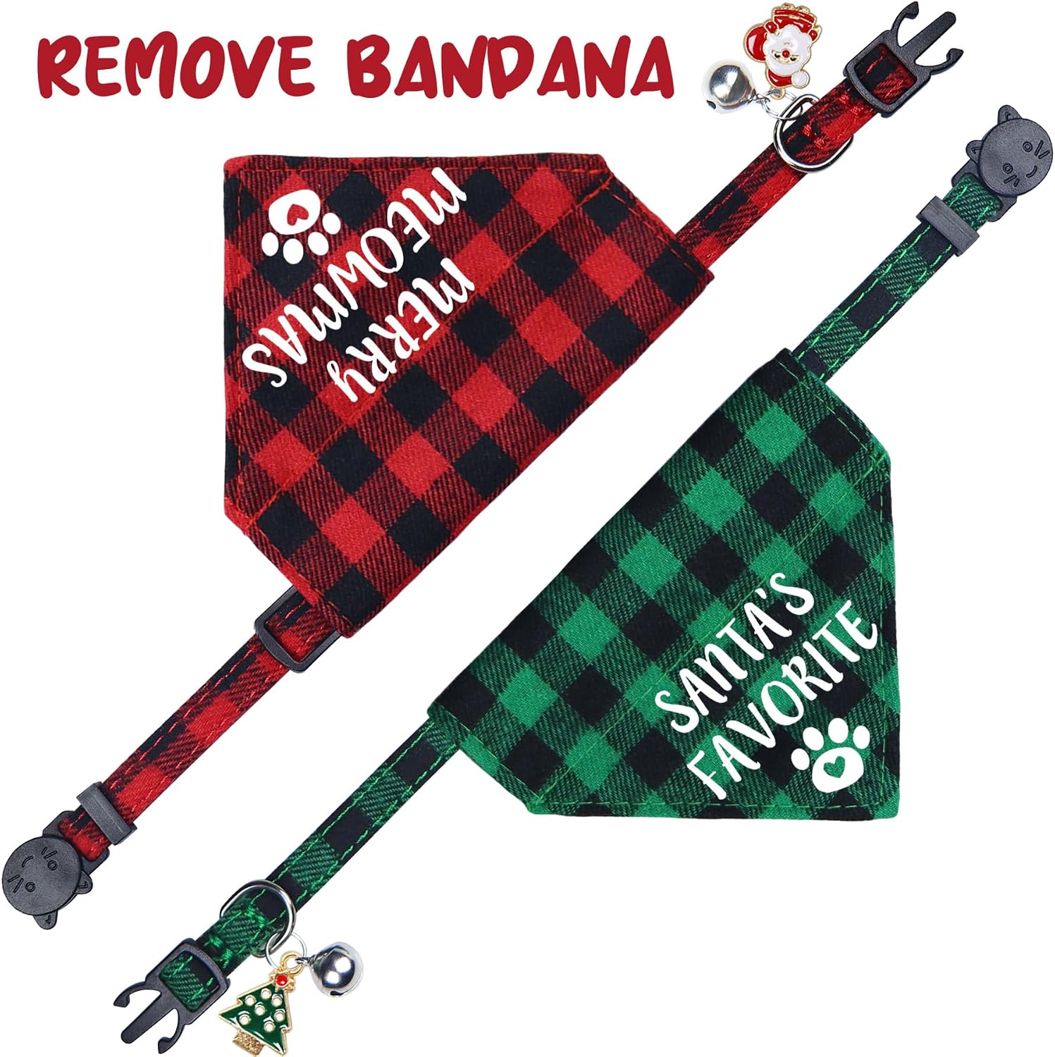 STMK 2 Pack Christmas Cat Bandana Collar with Bell, Breakaway Holiday Cat Kitten Bandana Collar with Bell for Cats Costumes Outfits (Merry Meowmas & Santa's Favorite)
