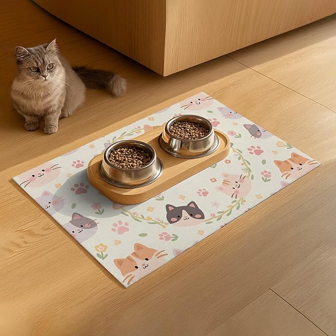 Cat Feeding Mat 24x16 inch Floral Ring Kitten Print Pet Bowl Placemat Non Slip Floor Mat for Food and Water Indoor Kitty Feeding Station Cute Meal Pad for Small Pets Kitchen Use
