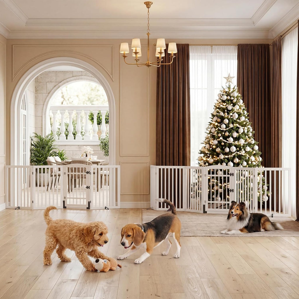 Homykic Dog Gate Indoor, 88.2" W x 30" H Extra Wide Foldable Bamboo Pet Gate with Door, No Assembly Freestanding Dog Fence with 2 Support Feet & 360°Hinges for Doorways Hallways (White, 4 Panels)