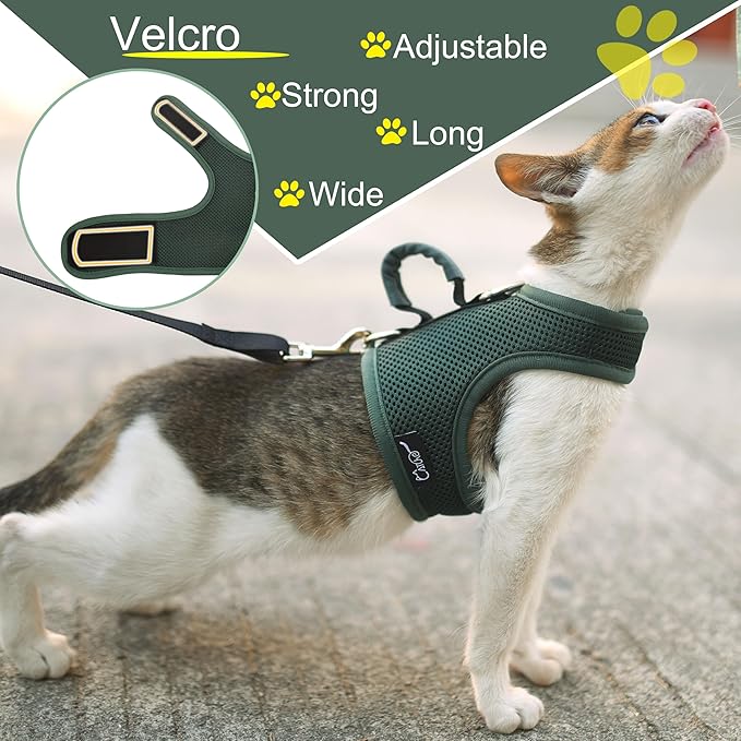 Cat Harness and Leash for Walking Escape Proof Breathable Mesh Fabric, Solid Green, XX-Large, Adjustable Cat Walking Jackets with Handle, Padded Stylish Cat Vest