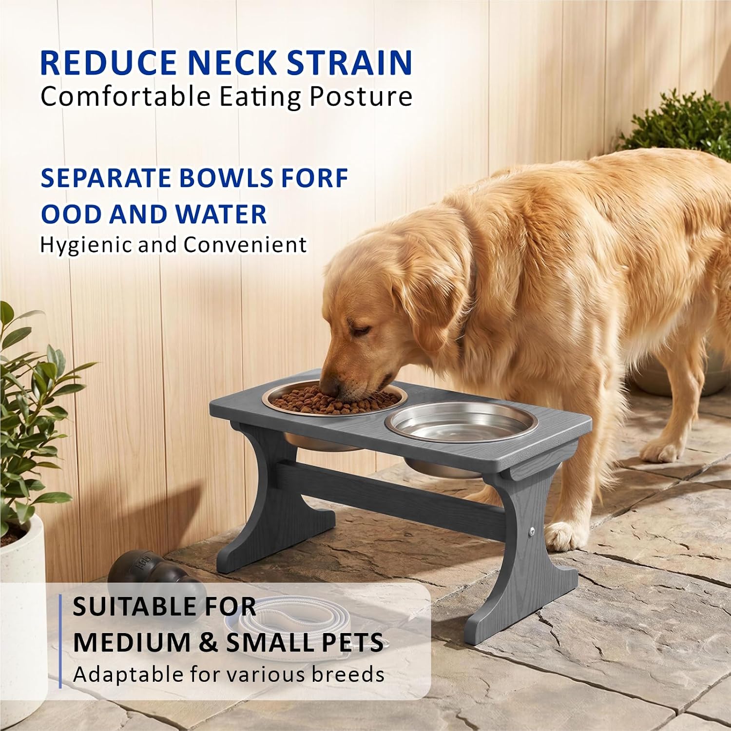 Raised Dog Bowl Stand for Medium Sized Breed, Feeding Station with 35 oz 2 Stainless Steel Bowls & Licking Plate,Dog Food Bowl Gray