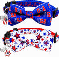 4th of July Cat Bow Tie Breakaway Collars with Bell and Charm, 2 Pack Patriotic Adjustable Cat Collars with Removable Bow Tie, Red White Blue USA Stars Independence Day Collars for Cats and Kittens