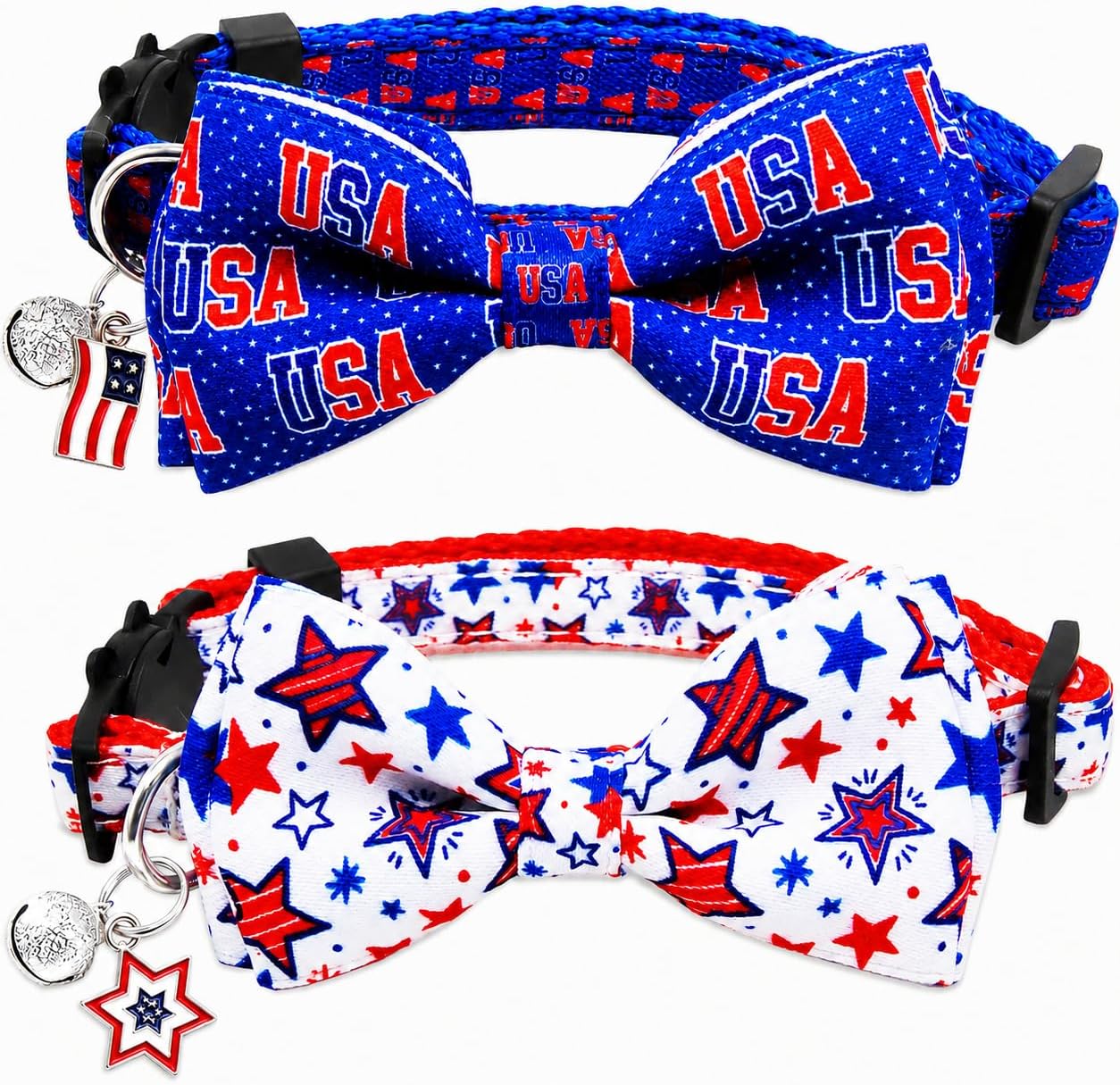 4th of July Cat Bow Tie Breakaway Collars with Bell and Charm, 2 Pack Patriotic Adjustable Cat Collars with Removable Bow Tie, Red White Blue USA Stars Independence Day Collars for Cats and Kittens