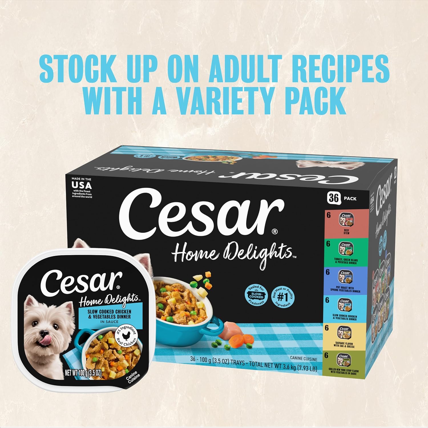 Cesar Home Delights Wet Dog Food, Chicken & Vegetables, 3.5 oz, 24 Count | Real chicken #1 ingredient, no fillers or added sugar, easy to digest, use as meal or food topper, easy peel trays