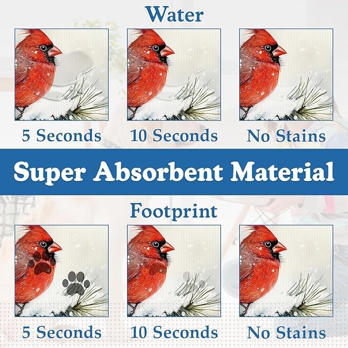 Cardinal Bird Dog Food Mat–Chirstmas Snow Absorbent Quick Dry Feeding Placemat for Food and Water Bowls, Non Slip Rubber Backing, Waterproof Pet Supplies for Mess-Free Eating 12"x20"