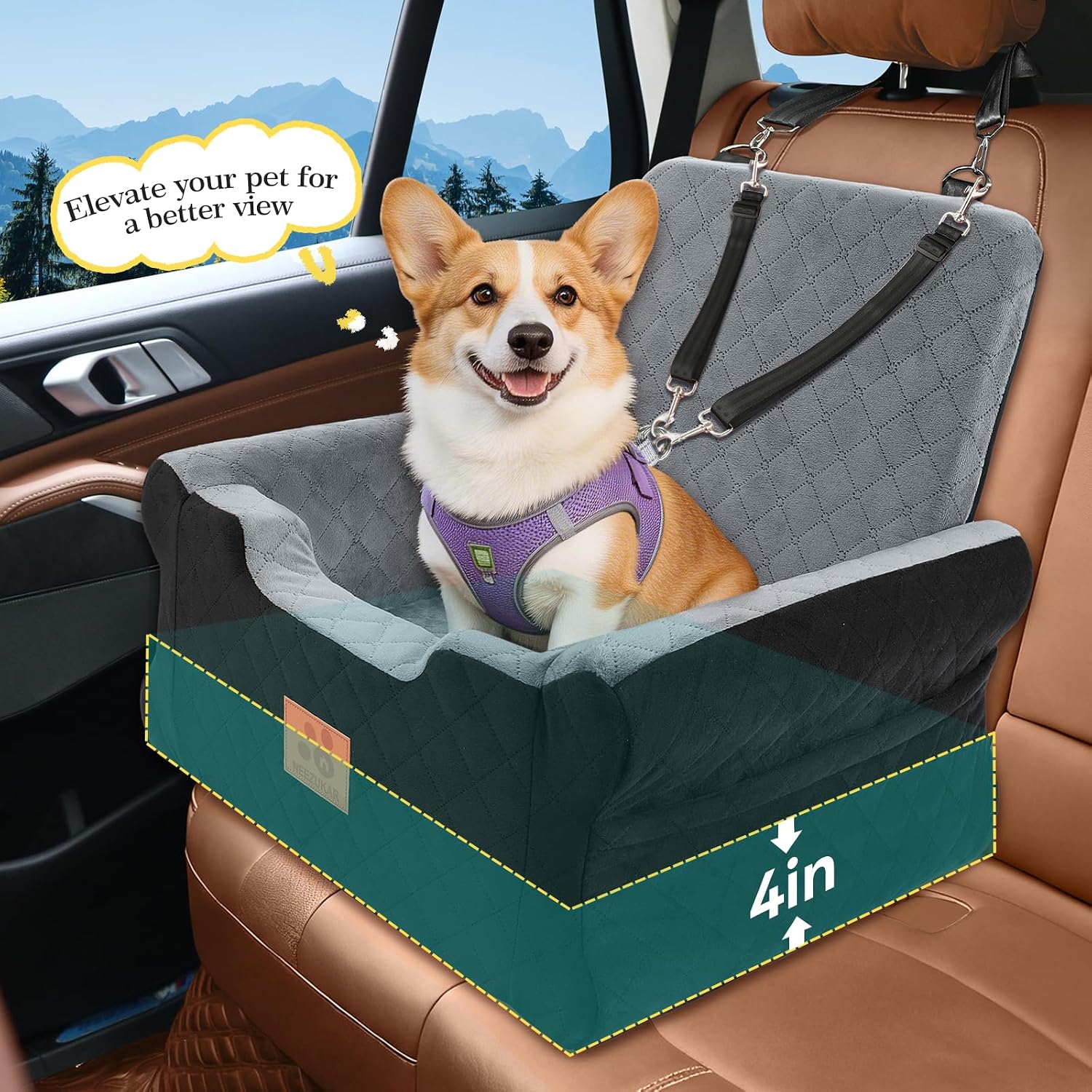 Dog Car Seat for Small Medium Dogs,Dog Booster Seat Under 35 lbs | Thick Cushion,Detachable Washable Pet Car Seat,Travel Dog Car Bed With Storage Pockets,2 Safety Belts