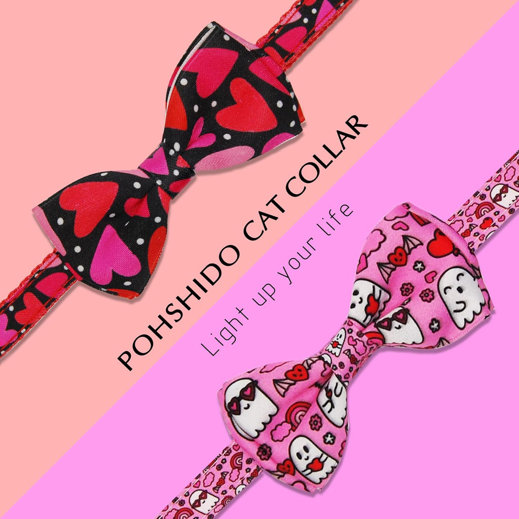 Valentine's Day Cat Collar with Bow Tie Bell & Charms BreakawayBack Heart and Pink Flowers for Male and Female Cats, Adjustable Holiday Kitten Collar for Boys & Girls