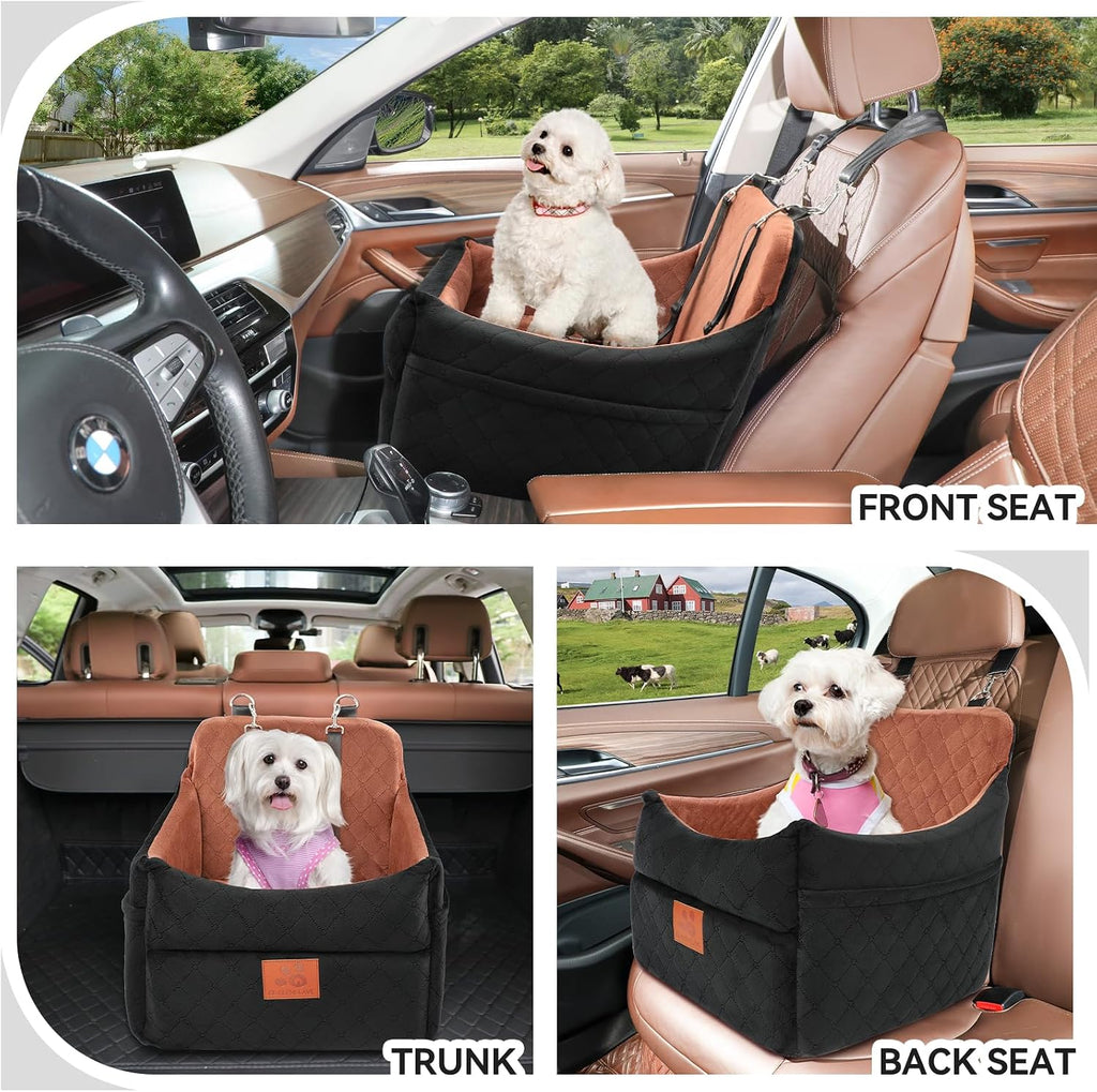GL GLENSLAVE Dog Car Seat for Small/Medium Dogs, Dog Booster Car Seats with Thick Cushion for Dogs Under 35 lbs, Detachable Washable Pet Carseat with Storage Pockets, 2 Safety Belts(Black/Brown)