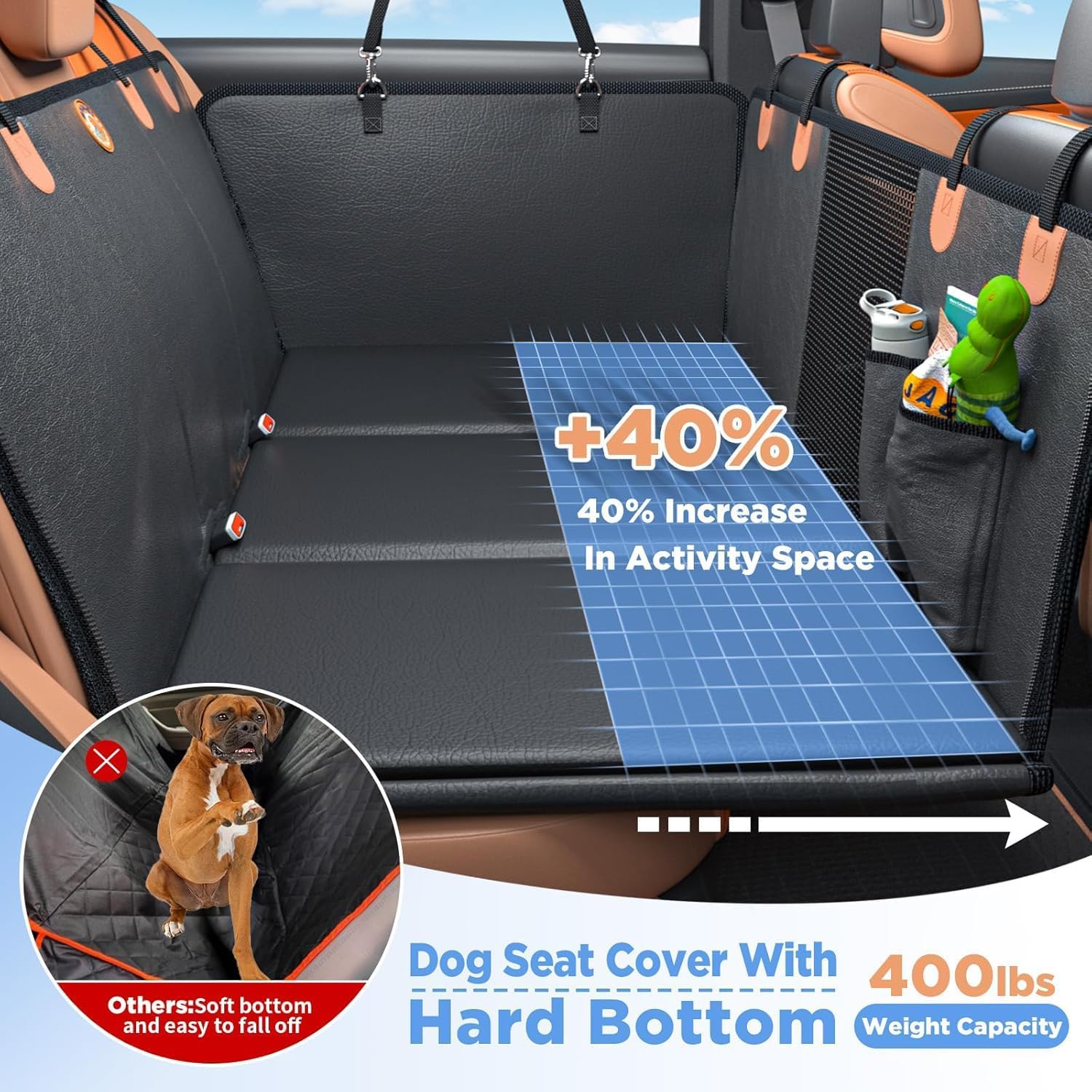 MYJAQI Back Seat Extender for Dogs, Hard Bottom Dog Car Seat Cover | 100% Waterproof PU Leather, Holds 400lbs, Scratch Proof and Anti Slip Dog Hammock for Car, Mesh Window & Dog seatbelt