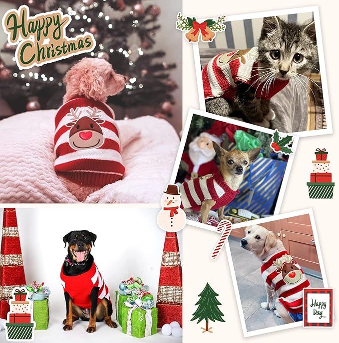Dog Christmas Sweater Cute Striped Reindeer Xmas Pet Clothes Holiday Puppy Cat Costume New Year Gifts for Small Medium Large Dogs Jumpers (M, Red White Stripe Reindeer)