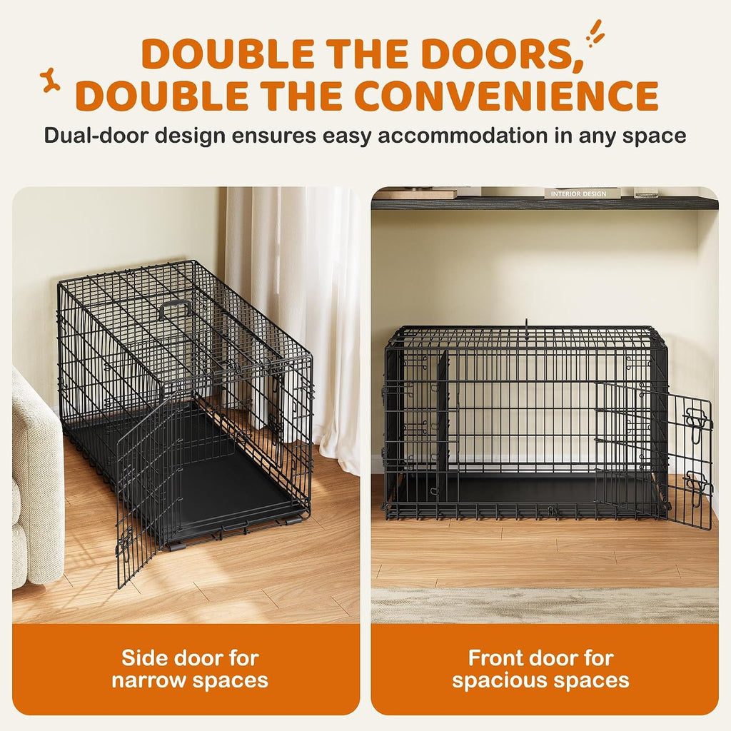 Yaheetech 42inch Double Door Dog Crate w/Divider, Collapsible Metal Kennel | Heavy-duty Sturdy Metal Frame, Easy Assemble, Fold Up for Travel, Removable Tray, Ideal for Puppies, Medium to Large Dogs