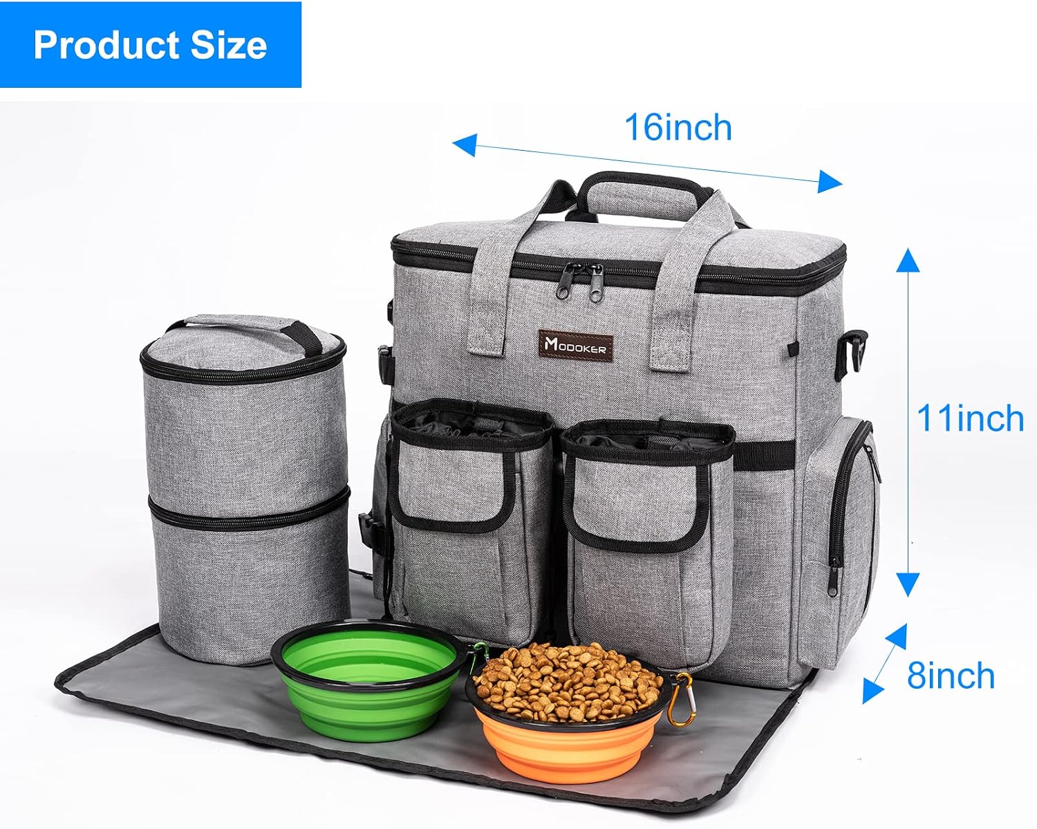 Dog Travel Bag, Airline Approved Pet Travel Bag with 2 Dog Treat Training Pouches for Weekend Pet Travel Supplies & Accessories, Light Grey | Dog travel accessories set with feeding supplies, bowls, mat, and strap. Ideal for weekend trips.