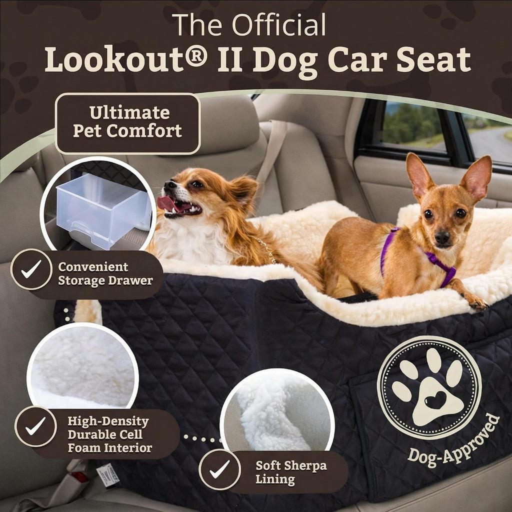 Snoozer Dog Car Seat for Dogs up to 34lbs, Lookout II, Black Quilted (L) | Dog booster car seat, Helps alleviate travel sickness & fear, Storage tray, Removable washable cover, Great for 2 small pets