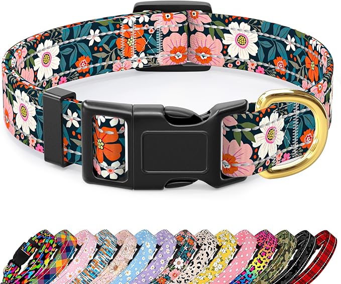 Reflective Dog Collar for Medium Dogs, Cute Flower Theme Adjustable Heavy-Duty Nylon Puppy Collar for Boy and Girl Female, Soft Pet Accessories with Quick Release Buckle, Elegant Floral