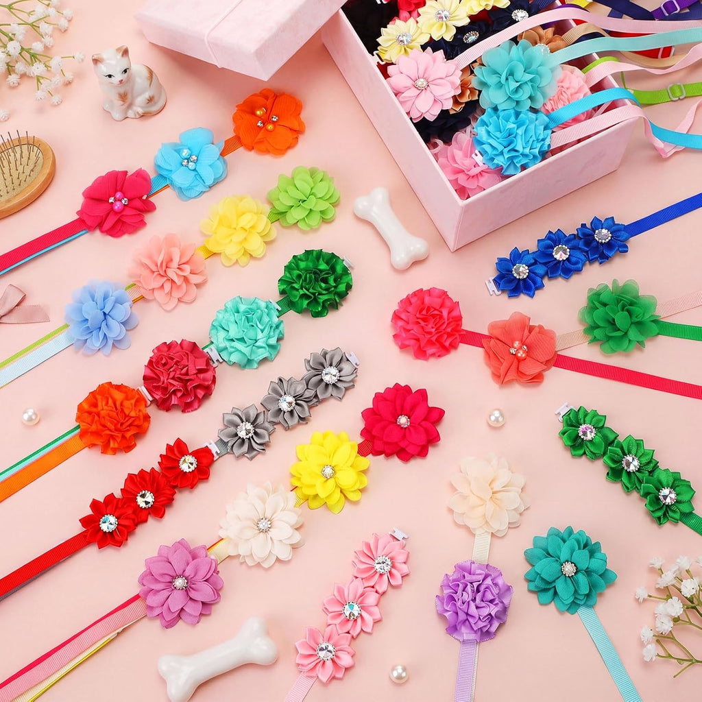 Reginary 100 Pcs Flowers Dog Collar Bulk Summer Floral Pet Bowtie Adjustable Nylon Multicolor Cat Accessory for Small Pets Dog Cat