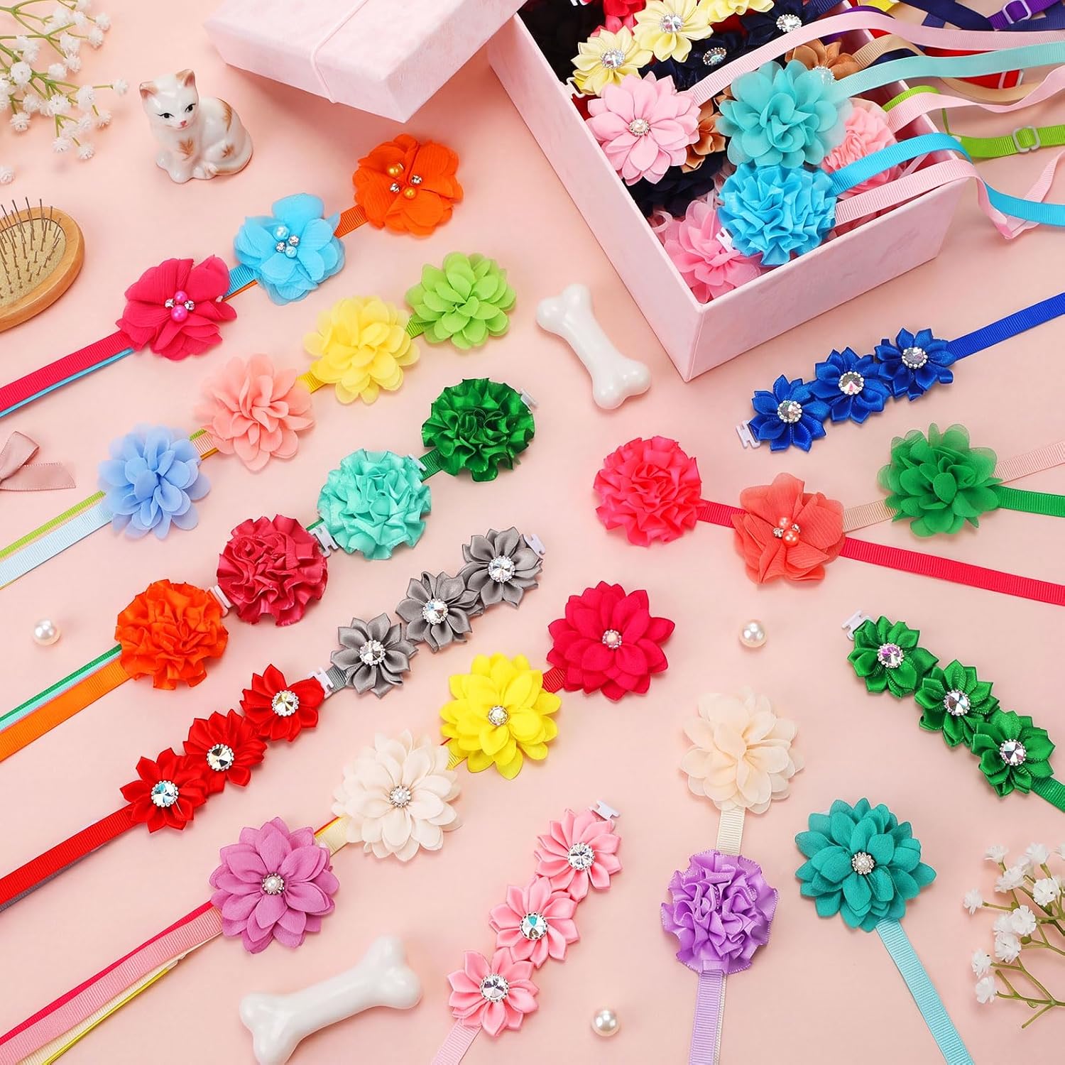 Reginary 100 Pcs Flowers Dog Collar Bulk Summer Floral Pet Bowtie Adjustable Nylon Multicolor Cat Accessory for Small Pets Dog Cat