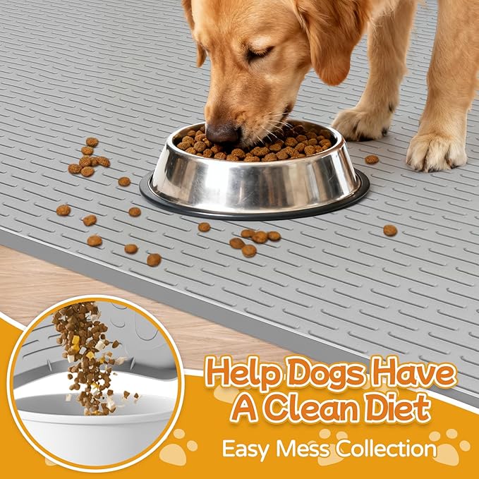 Lanstics Dog Food Mat, 40" x 28" Large Silicone Mat Dog Feeding Mat with Raised Edge Non-Slip Pet Feeding Mat for Food and Water Bowl, Easy to Clean, Floor Protection (Gray)