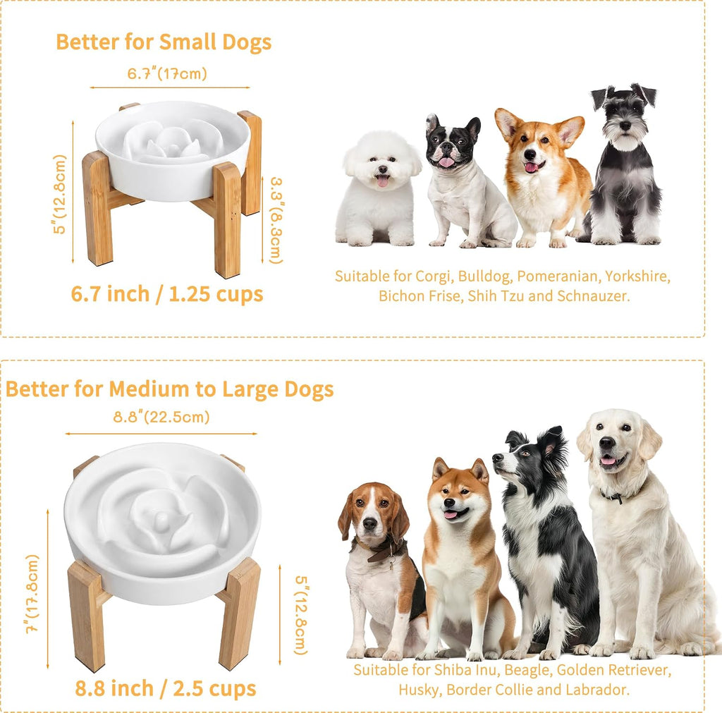 Elevated Slow Feeder Dog Bowl, 6.7" Ceramic Maze Dog Bowl with Stand | 1.5 Cups Slow Feeding Dog Dish for Fast Eaters, 5" Tall Anti-Slip Raised Slow Feeder for Small and Medium Breeds, White