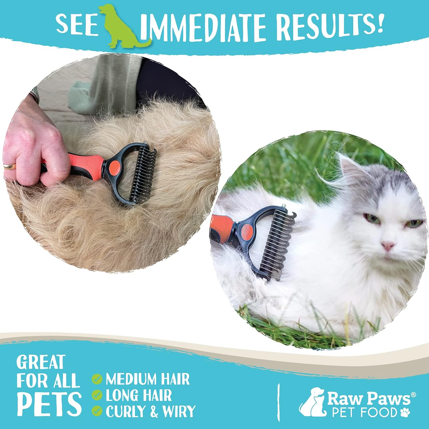 Raw Paws Undercoat Rake & Dematting Tool - Pet Grooming Comb for Shedding, Matted Fur, Knots and Tangles - Stainless Steel Deshedding Brush for Dogs and Cats - Blue | Dog Rake Brush for Shedding - Under Coat Rake for Cats - Pet Grooming Rake - Matted Dog