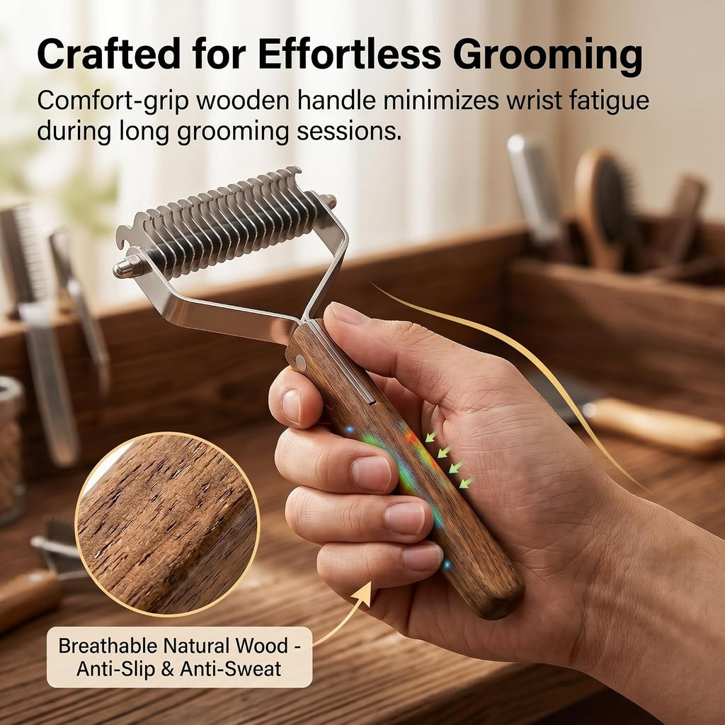 2-Sided Undercoat Rake for Dogs and Cats, Wooden Handle | Dematting Comb for Thick Double Coats, Dual-Head Grooming Tool to Remove Stubborn Mats & Heavy Undercoat Shedding