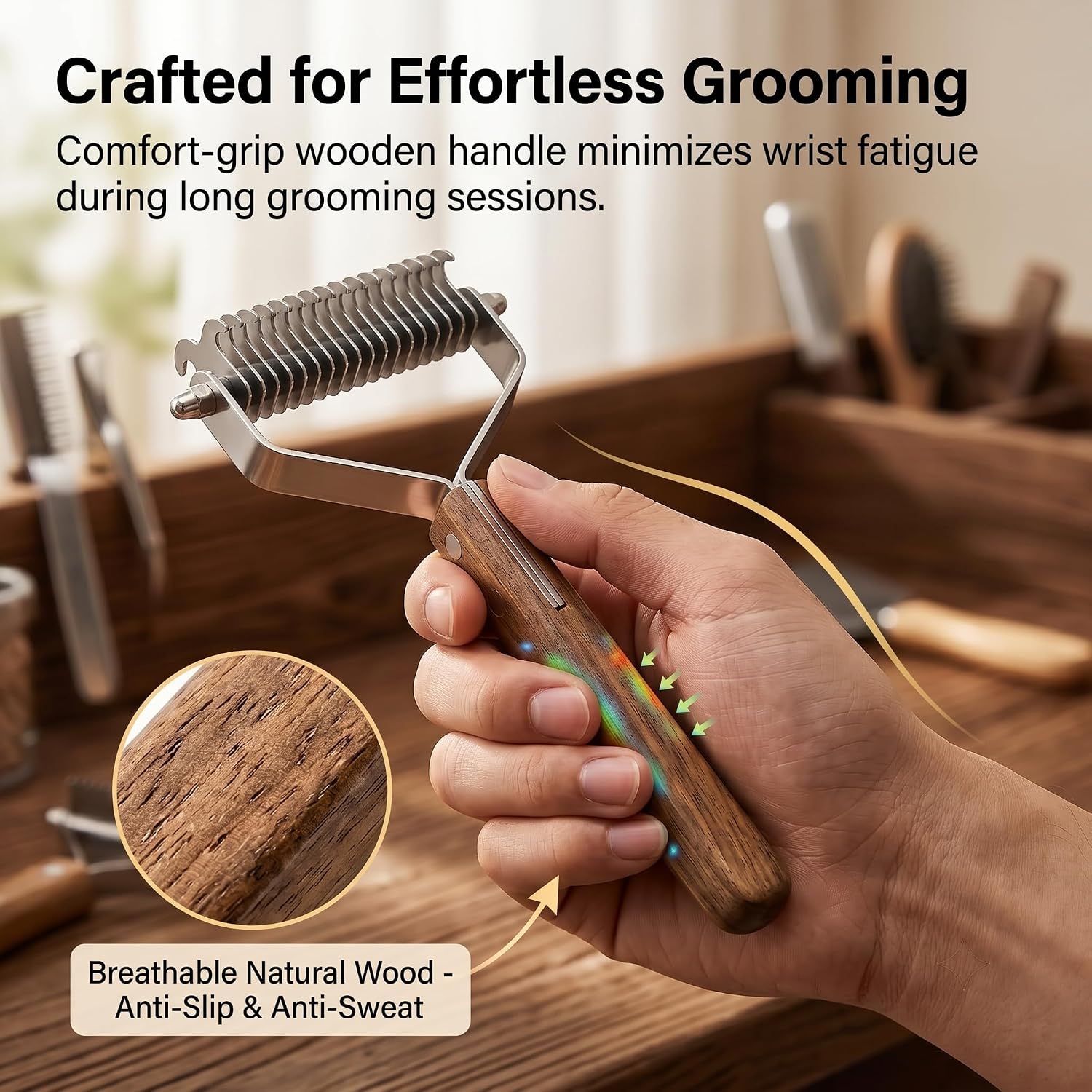 2-Sided Undercoat Rake for Dogs and Cats, Wooden Handle | Dematting Comb for Thick Double Coats, Dual-Head Grooming Tool to Remove Stubborn Mats & Heavy Undercoat Shedding