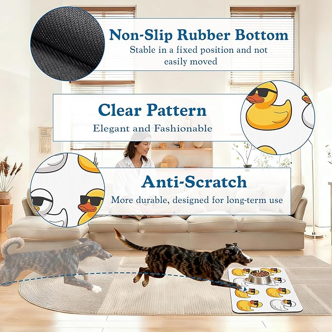 Cute Ducks Glasses Pet Feeding Mat for Floors–Christmas Stocking Absorbent Quick Dry Dog Cat Bowl Mat for Food and Water, Non Slip Waterproof Base, Mess-Free Feeding Accessories 12"x20"