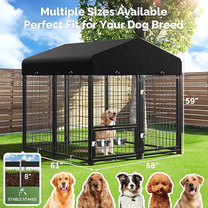 Sino Luban Outdoor Dog Kennel Outside Run with Doggy Door, Swivel Feeder&Roof - 5x5x5FT Large Dog Kennels Pens Outside for Medium/Large Dogs - Heavy Duty Cage Yard (Can Connect to Your Dog House)