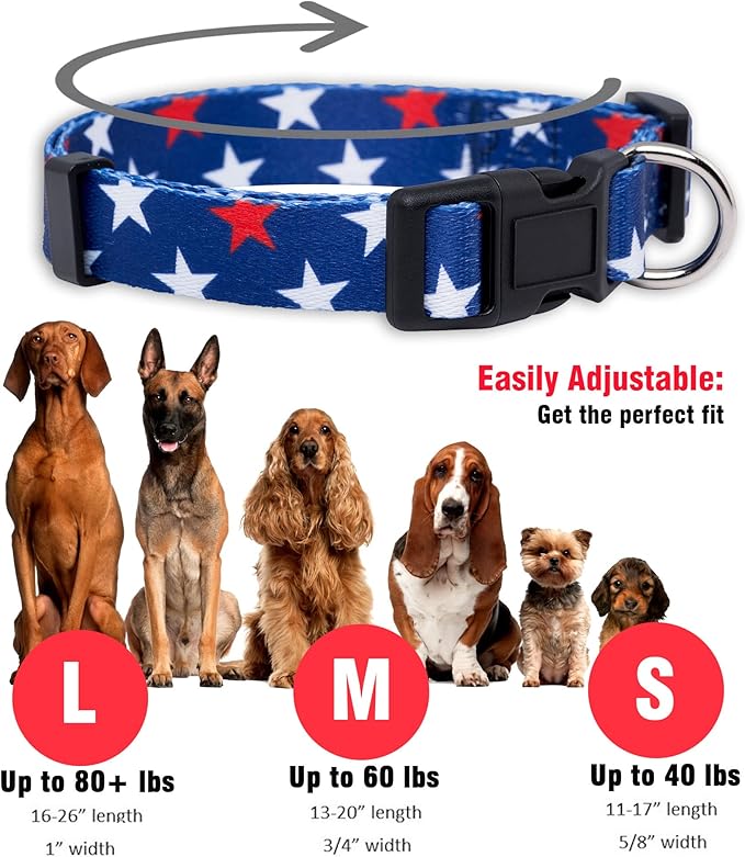 Native Pup American Flag Dog Collar- Red White and Blue- Patriotic Collars for 4th of July, USA- Adjustable Small, Medium, Large Breed Dogs (Medium, Red & White Stars)