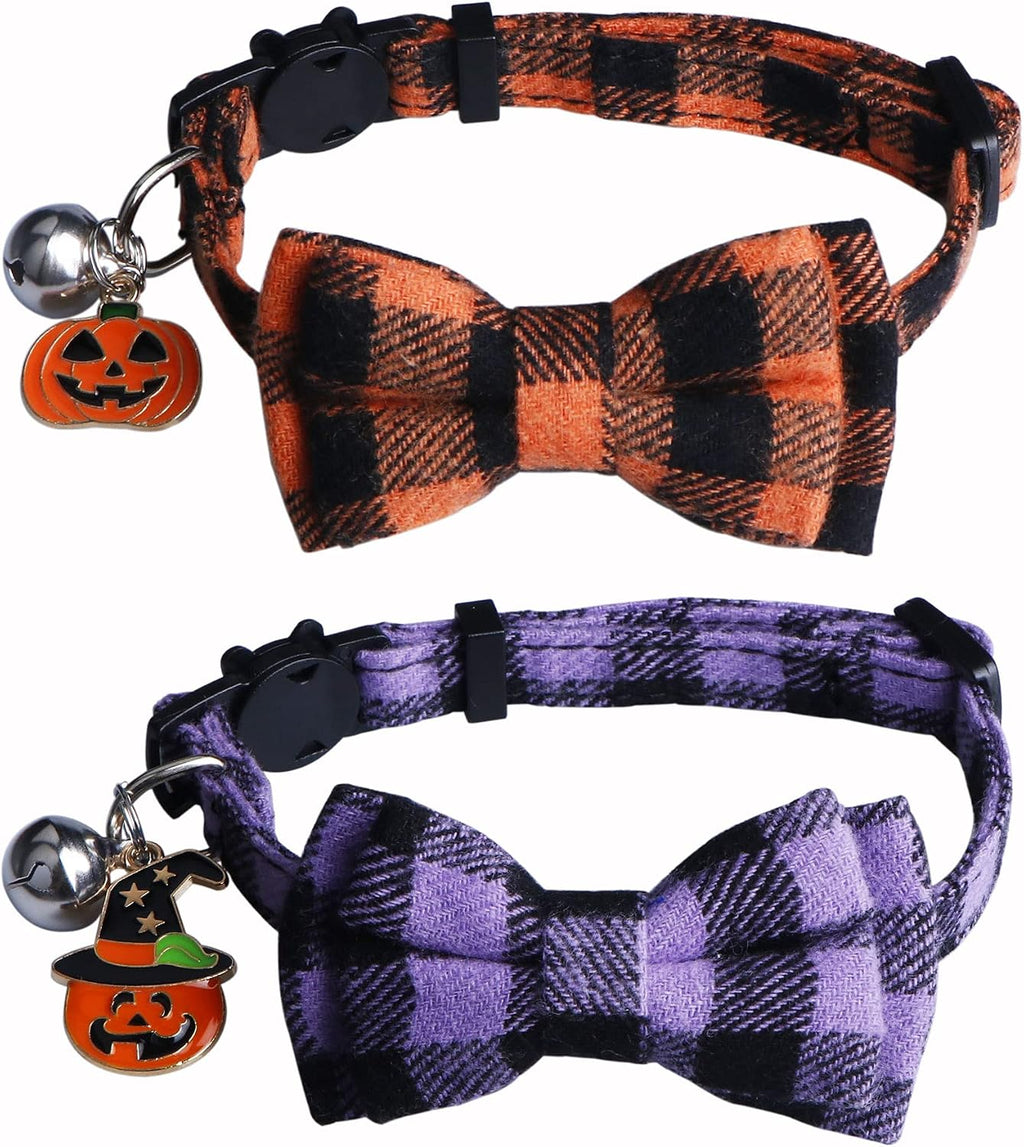 STMK 2 Pack Halloween Plaid Cat Collars with Bow Tie Bell, Breakaway Adjustable Pumpkin Cat Kitten Collars with Bowtie Bell for Halloween Cats Kittens Costume Decorations