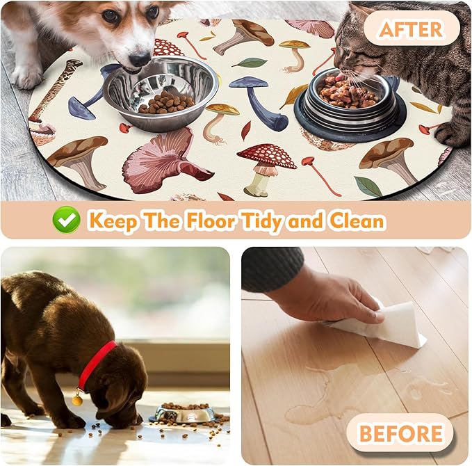 Large Pet Feeding Mat – 28''x17'' Absorbent Dog Mat for Food and Water, Easy Clean Cat Dog Water Bowl Mat, Non-Slip Pet Water Mat Protect Floor, Fit with Automatic Feeders and Double-Bowl, Mushroom