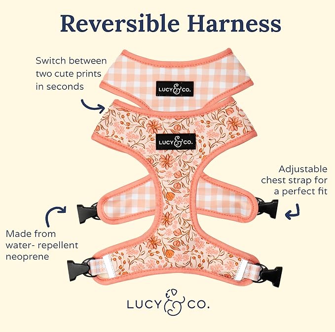 Lucy & Co. Cute Reversible Dog Harness Walking Halter - Best Designer Pet Harnesses for XS - XL Dogs - Padded Adjustable Vest for Easy Walking-Large-Peach Pink Floral Plaid