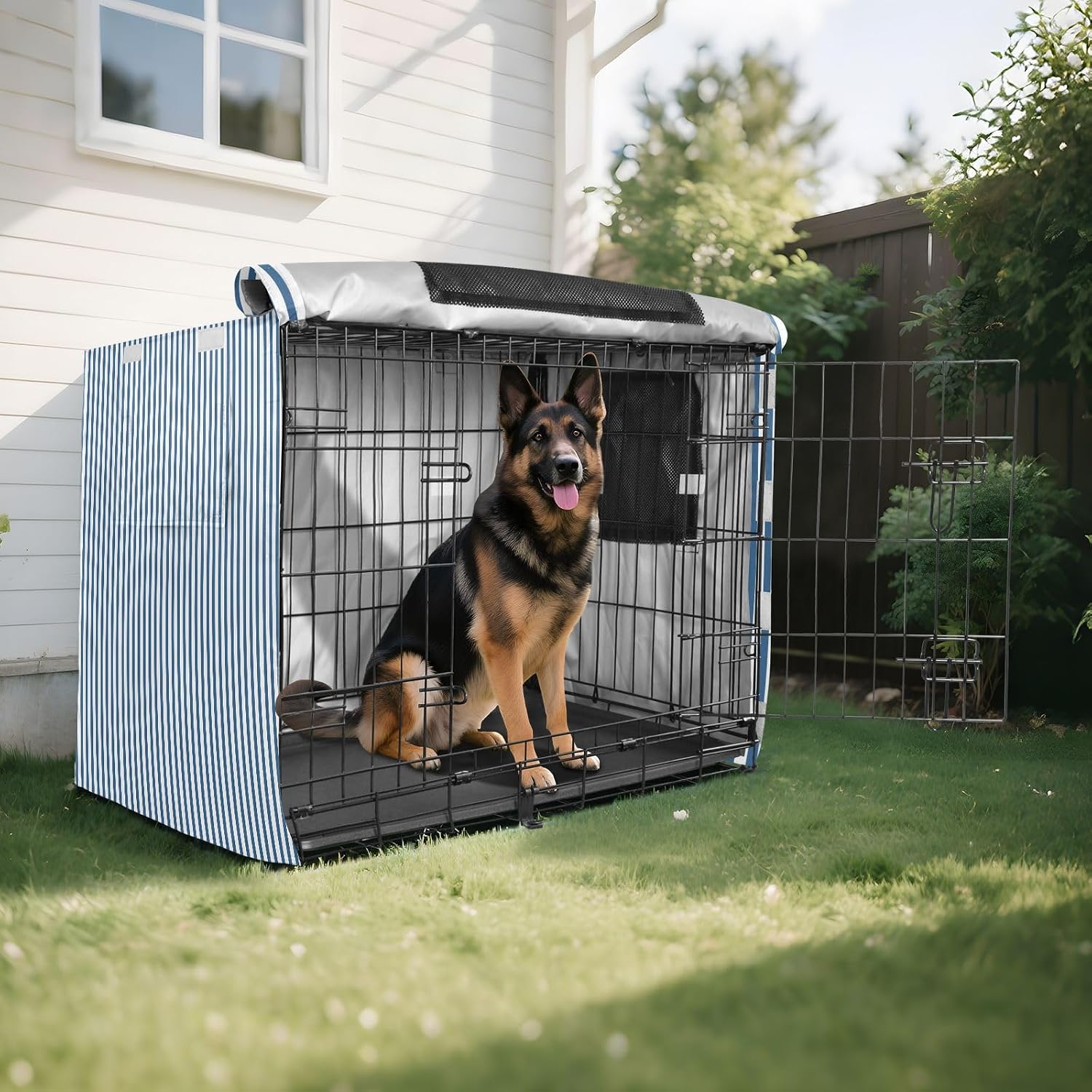 Blue White Stripes Dog Crate Cover 600D Oxford Heavy Duty Kennel Cover Mesh Window Soundproof Waterproof Sunshade Universal Fit for 42 inches Wire Cage