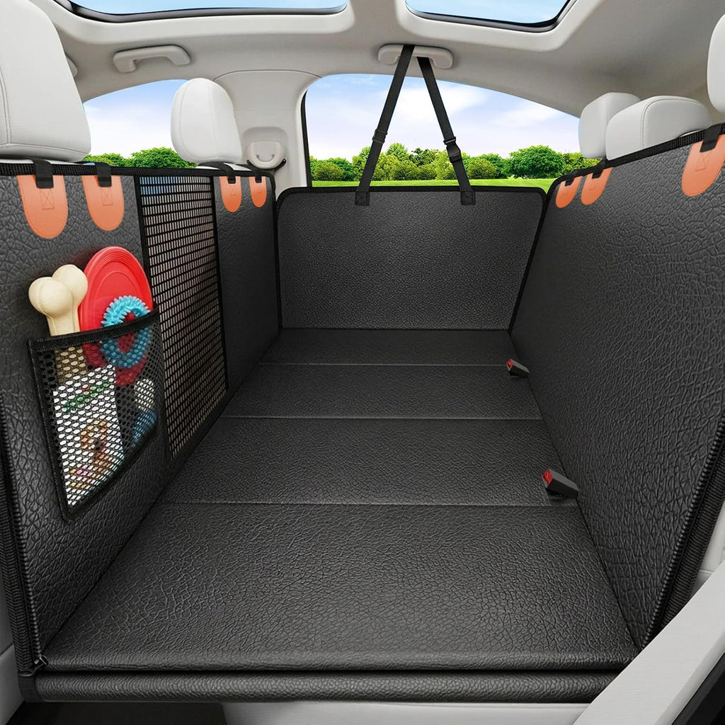 URPOWER PU Leather Hard Bottom Dog Car Seat Cover, Back Seat Extender | 500 lbs Support, 45% More Space, Waterproof, Scratch Resistant, Non-Slip, Mesh Window, Easy Care, Dog Seat Belt Included