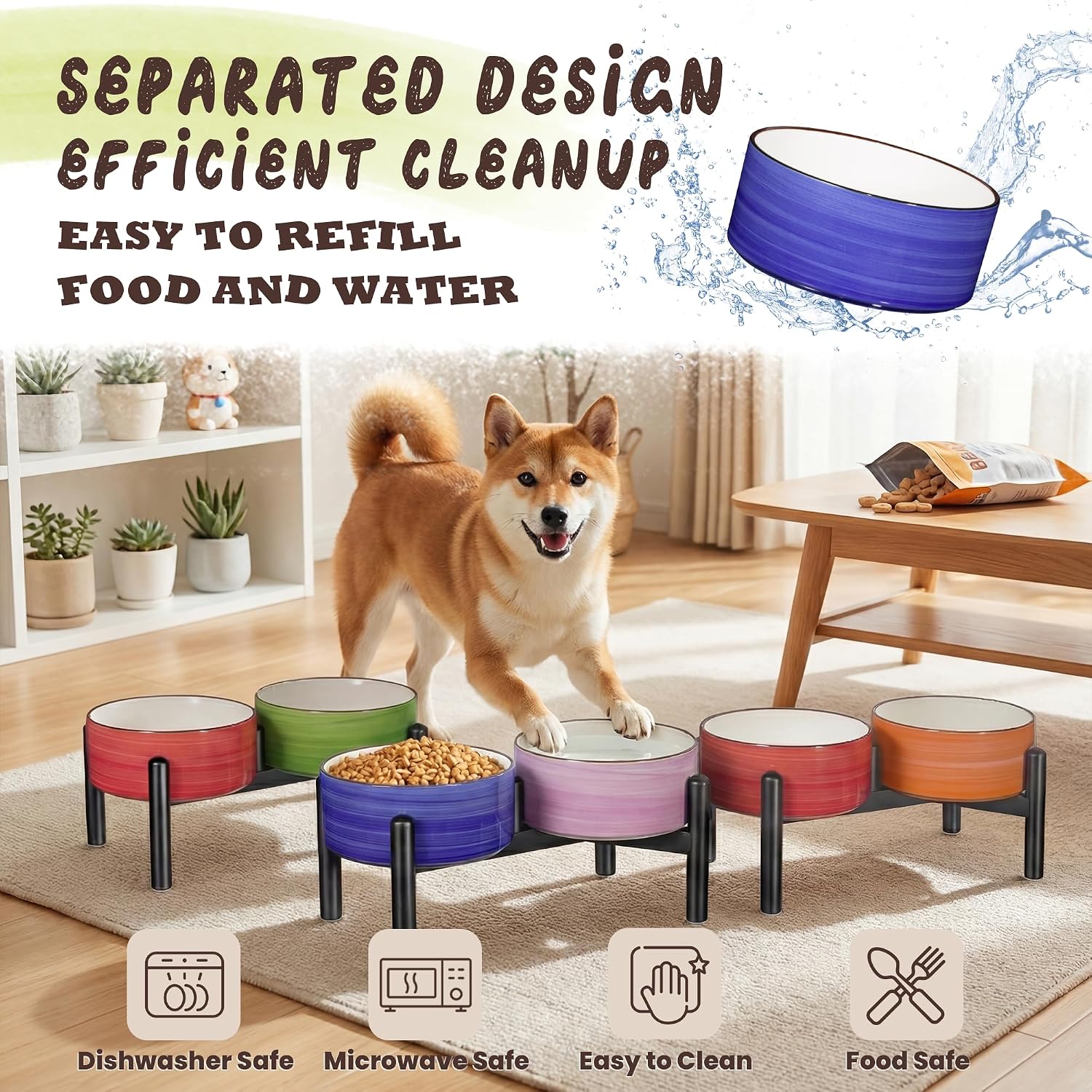 Ceramic Elevated Dog Bowl Set, 6.1''Raised Dog Food and Water Bowl Set with Non-Slip Stainless Steel Stand, Double Raised Dish for Small and Medium Breed, 3.5 Cups / 22 Fl Oz, Sunset Duo