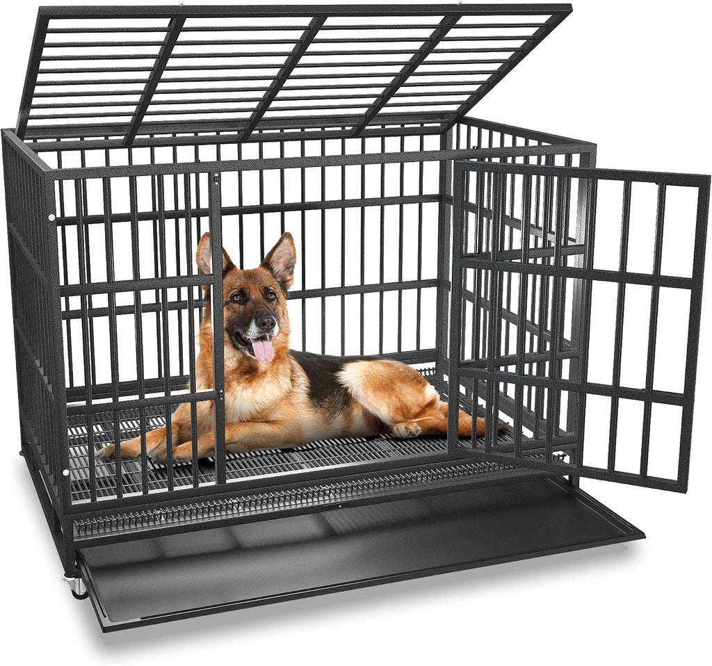BOLDBONE 48 inch Heavy Duty Indestructible and Escape-Proof Dog Crate Cage Kennel for Large Dogs, High Anxiety Dog Crate with Removable Wire Trays and Wheels, Extra Large XL XXL, Black