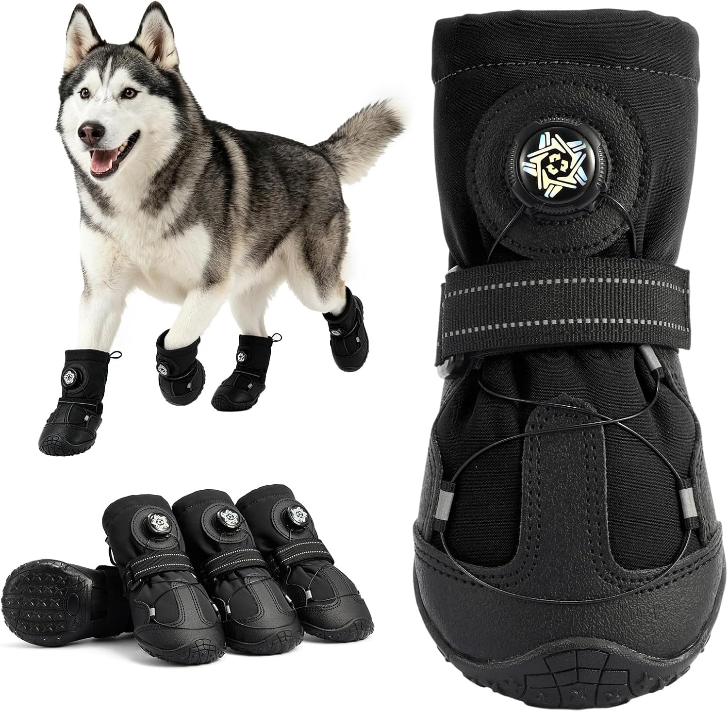 Dog Booties with Micro-Adjustable Dial, Waterproof Dog Shoes for Large Medium Small Dogs, Rugged Non-Slip Rubber Paw Protectors for Hot Pavement and Snow, Hiking 4PCS (Black, Size 8)