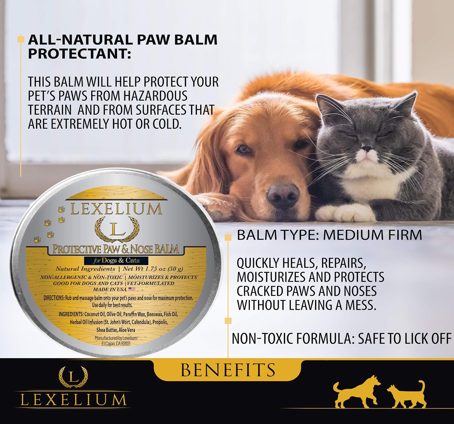 All Natural Paw Balm & Protection Wax for Dogs and Cats | No Toxic Ingredients | Medium Firmness | No Mess | Protects from Heat and Cold | 2 Oz