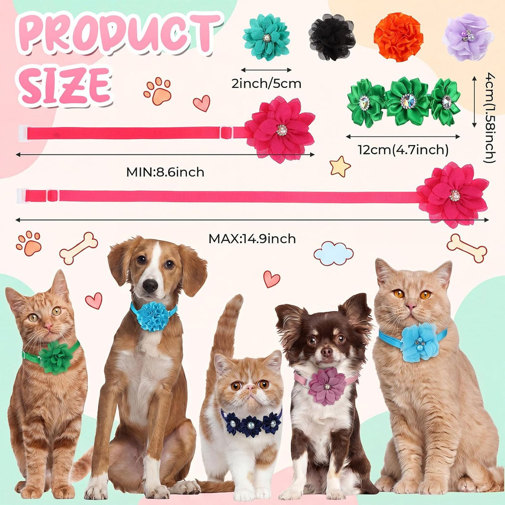 Reginary 100 Pcs Flowers Dog Collar Bulk Summer Floral Pet Bowtie Adjustable Nylon Multicolor Cat Accessory for Small Pets Dog Cat