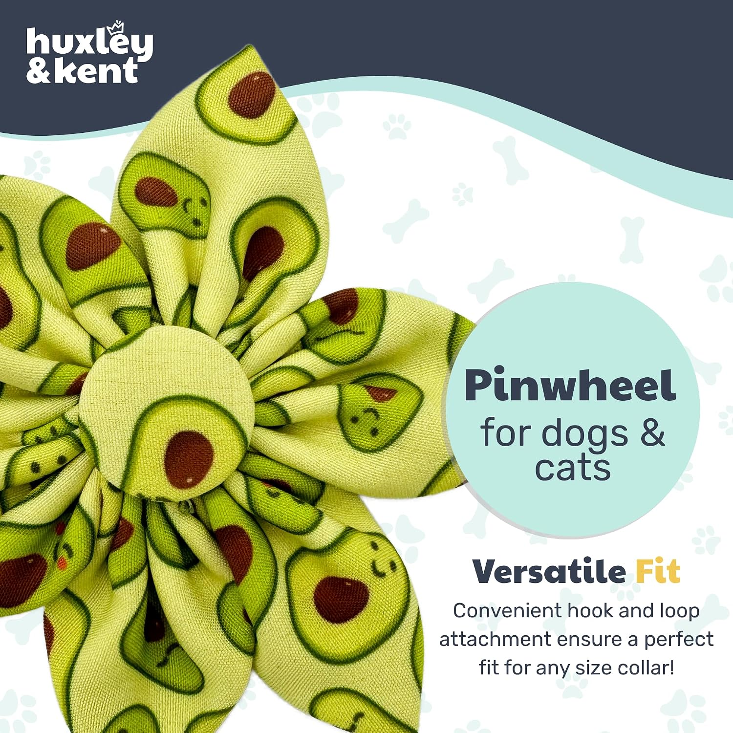 Huxley & Kent Pinwheel Collar Bow for Dogs & Cats, Happy Avocados, Small | Clips to Any Collar with Hook & Loop, Soft, Lightweight, Machine Washable, Great for Holidays, Photos & Gifting