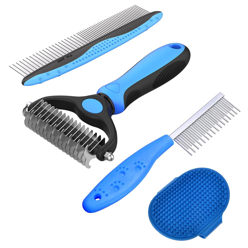 4 Pack Pet Grooming Combo - Blue Deshedding Brush,With Metal Comb,Bath Brush, With Long & Short Stainless Steel Teeth Depilatory Comb For Detangling And Dematting Long, Matted Fur On Cats And Dogs