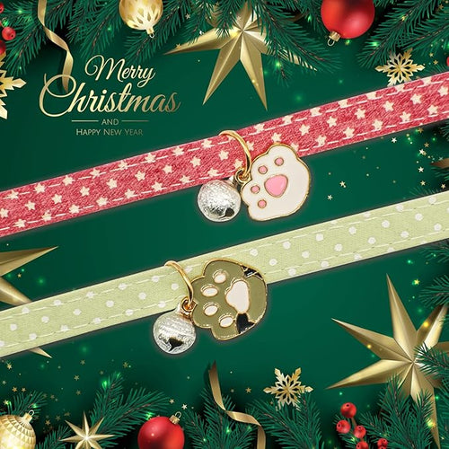 2 Pack Cotton Breakaway Cat Collar with Bell Pink & Green Paw Pendant Cute Kitten Cat Collar Suitable for Girls and Boys