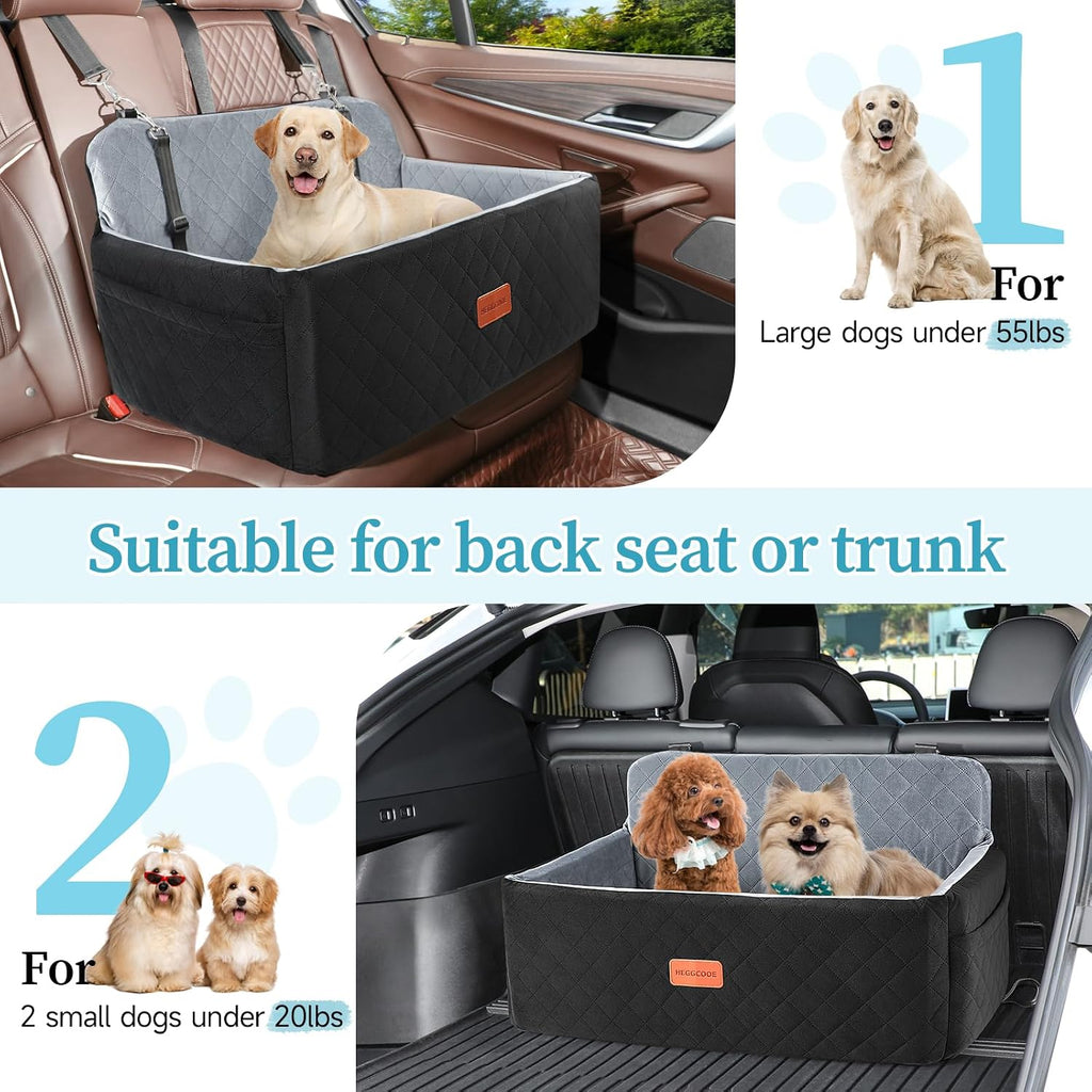 HEGGCOOE Dog Car Seat for Medium/Large Dogs, Pet Booster Seat for Up to 55 lbs or 2 Small Dogs, Detachable & Washable Dog Car Bed for Backseat with 2 Safety Leashes (Black/Grey)