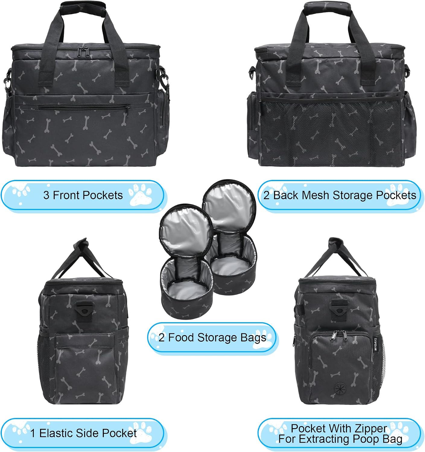 MYDAYS Dog Travel Bag, Pet Luggage Suitcase, Weekend Tote Carrier with Collapsible Bowl (Black1)